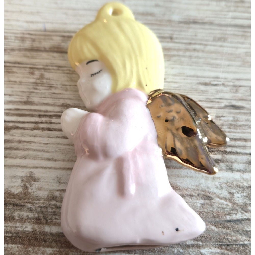 Vintage Porcelain Praying Angel Ornament Gold Wings Pink Robe Unmarked 3in